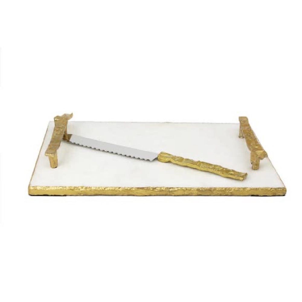 Gold-Trim White Marble Cake Serving Set with Serrated Knife
